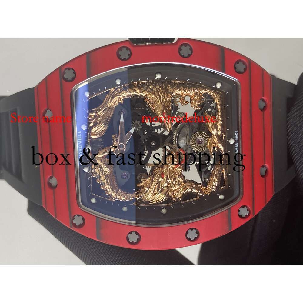 Design RM57 Tourbillon Male Dragon och Phoenix Superclone Carbon Fiber Watch Automatic New RM57-01 Watches Light Wristwatch963 Montres de Luxe