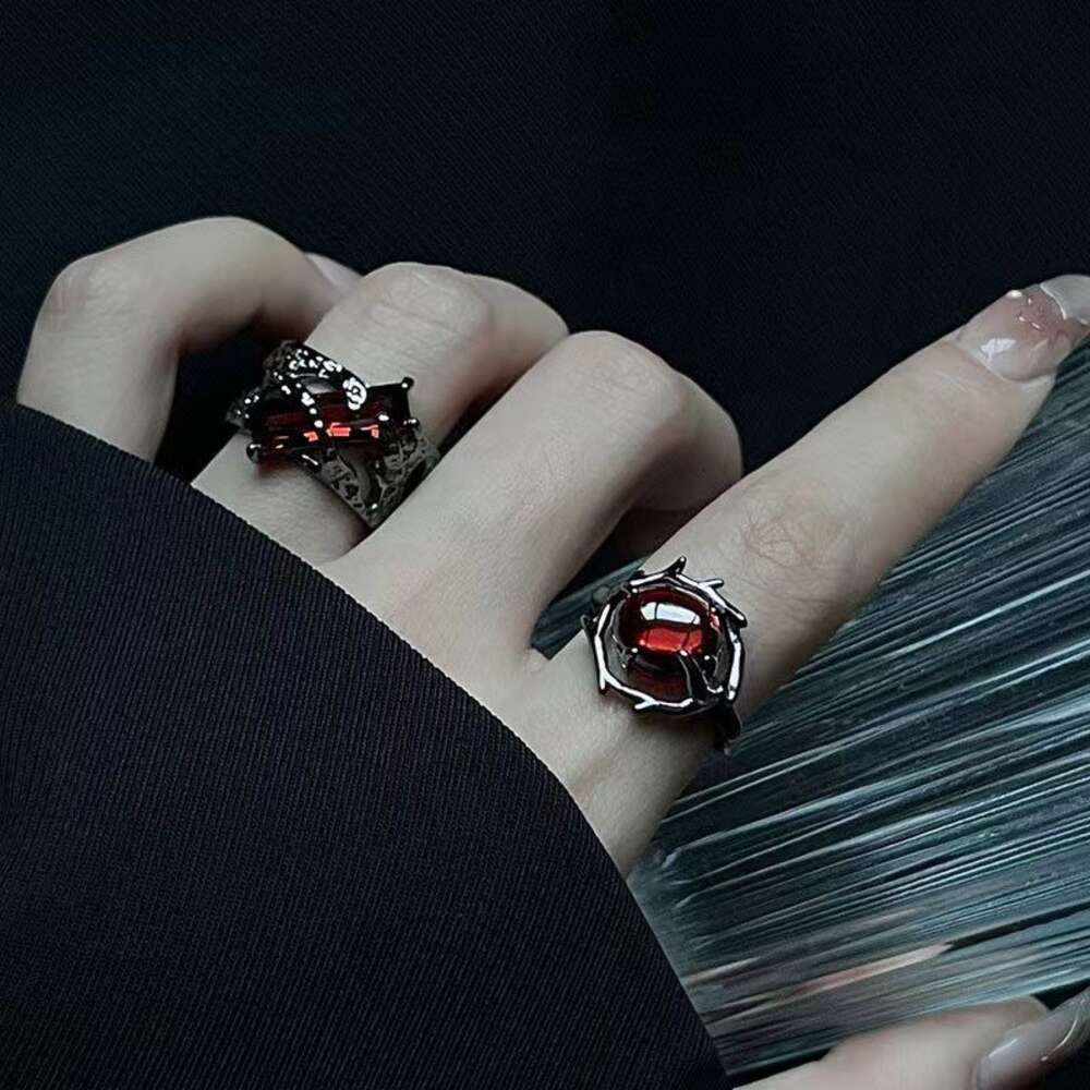 Hollow Out Pomegranate Red Geometric Design for Women's Fashion Personality, Dark and Cold Style, Temperament, Open Ring