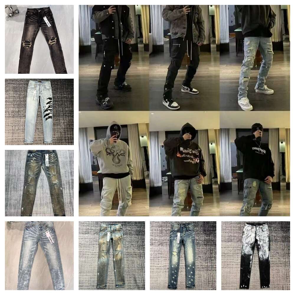 Purple-brand Fashion Mens Jeans Cool Style Designer Denim Pant Distressed Ripped Biker Black Blue Jean Slim Fit Motorcycle Size 28-40 674 829