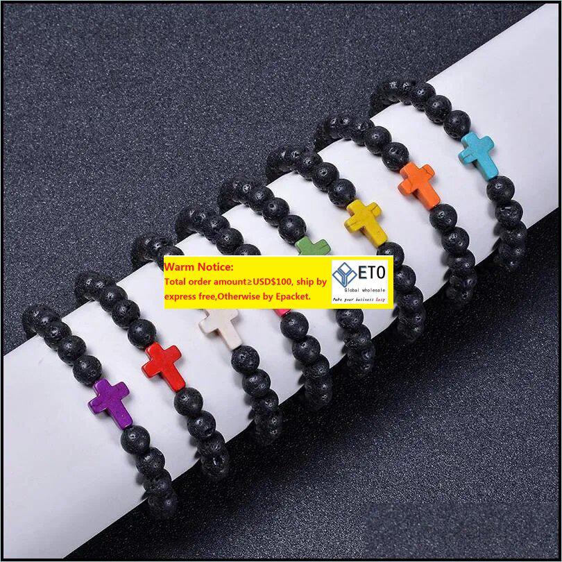 Beaded 8Mm Black Lava Stone Beads Colorf Cross Charms Elastic Strand Bracelet Bangle For Women Men Jewelr Jiaminstore Drop Delivery LL