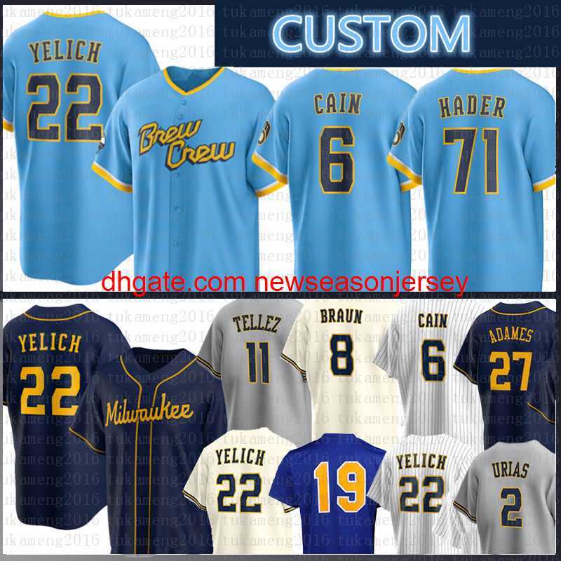 Camisa de beisebol personalizada 22 Christian Yelich Willy Adames Josh Hader Tyrone Taylor Robin Yount Lorenzo Cain JC Mejia Hunter Renfroe
