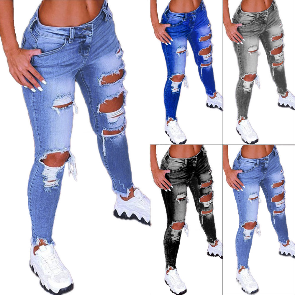 Spring Womens Low Waist Ripped Fashion Slim Hip Lift Elastic Ankle-length Denim Pencil Pants Plus Size Jeans 5XL wholesale brand designer