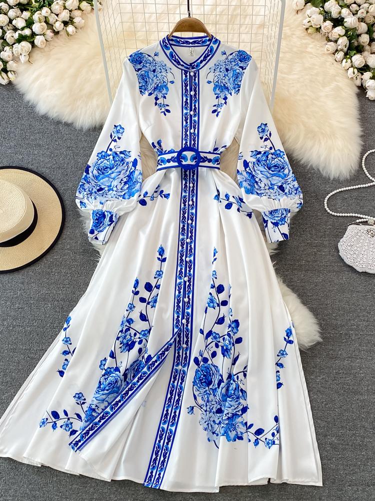 Casual Dresses Spring Autumn Vintage Print Maxi Dress Women Stand Collar Single Breasted Elegant Long Woman Floral Party Vestidos