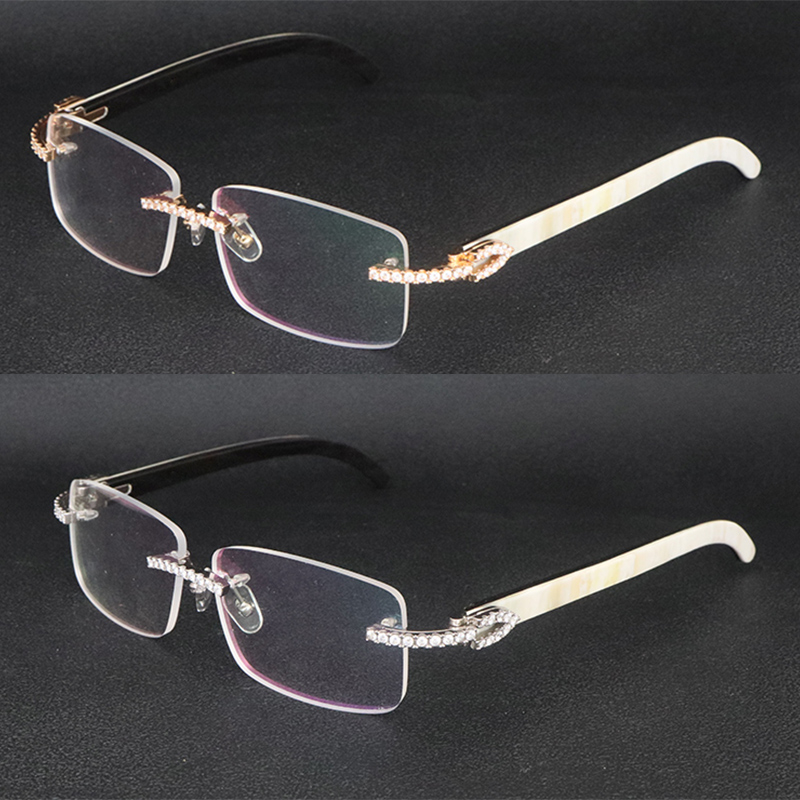 Designer-Moissanit-Diamant-Set, Randbrillen, Original-weiße Mischung aus schwarzem Büffelhorn, optische randlose Brillen aus Holz