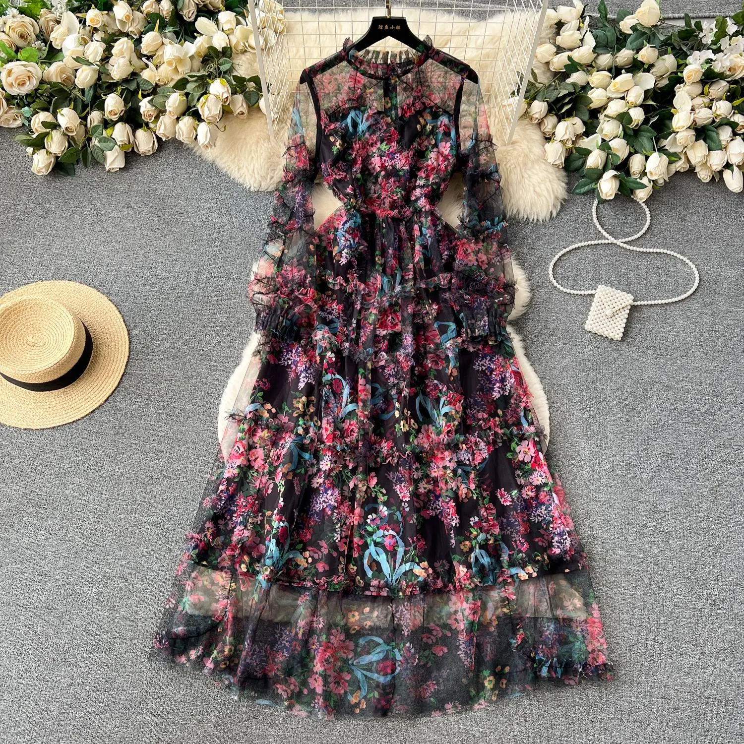 Podstawowe sukienki projektant moda wiosna nowa wysokiej jakości bohemijska elegancka elegancka, szczupła długie rękawie drukowane siatkowe impreza casual vestidos 2024