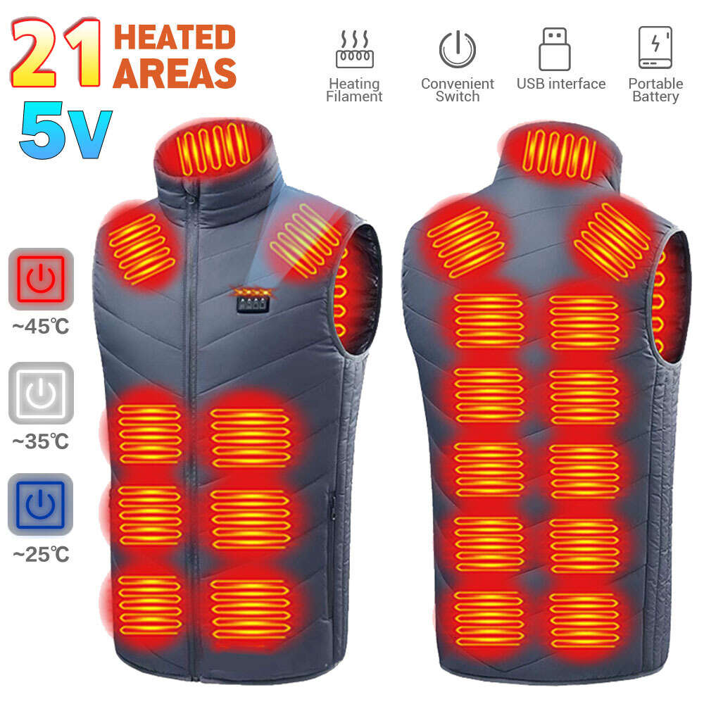 Outdoor Warm Vest Adjustable Heated Winter Jacket Usb Electric Heater Men Zone Heating Round Neck