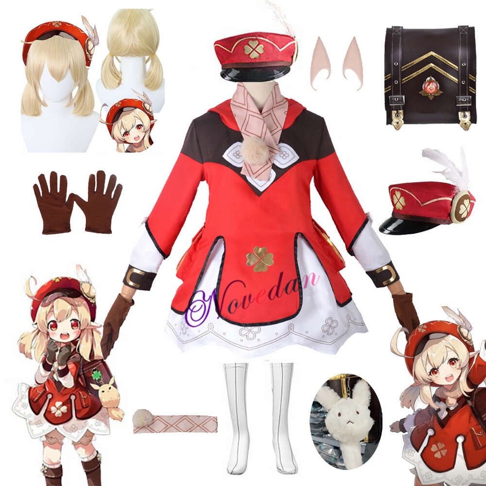 Game Genshin Impact Cosplay Klee Cosplay Kids Child Costume Wig Hat Full Set Cute Loli Dress Plus Size Klee Wig Hair Backpackcosplay