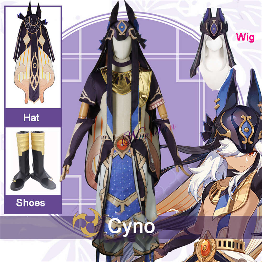 Jogo genshin impacto cyno cosplay conjunto completo novo geral mahamatra cyno traje de halloween terno peruca sapatos cabelo hatcosplay