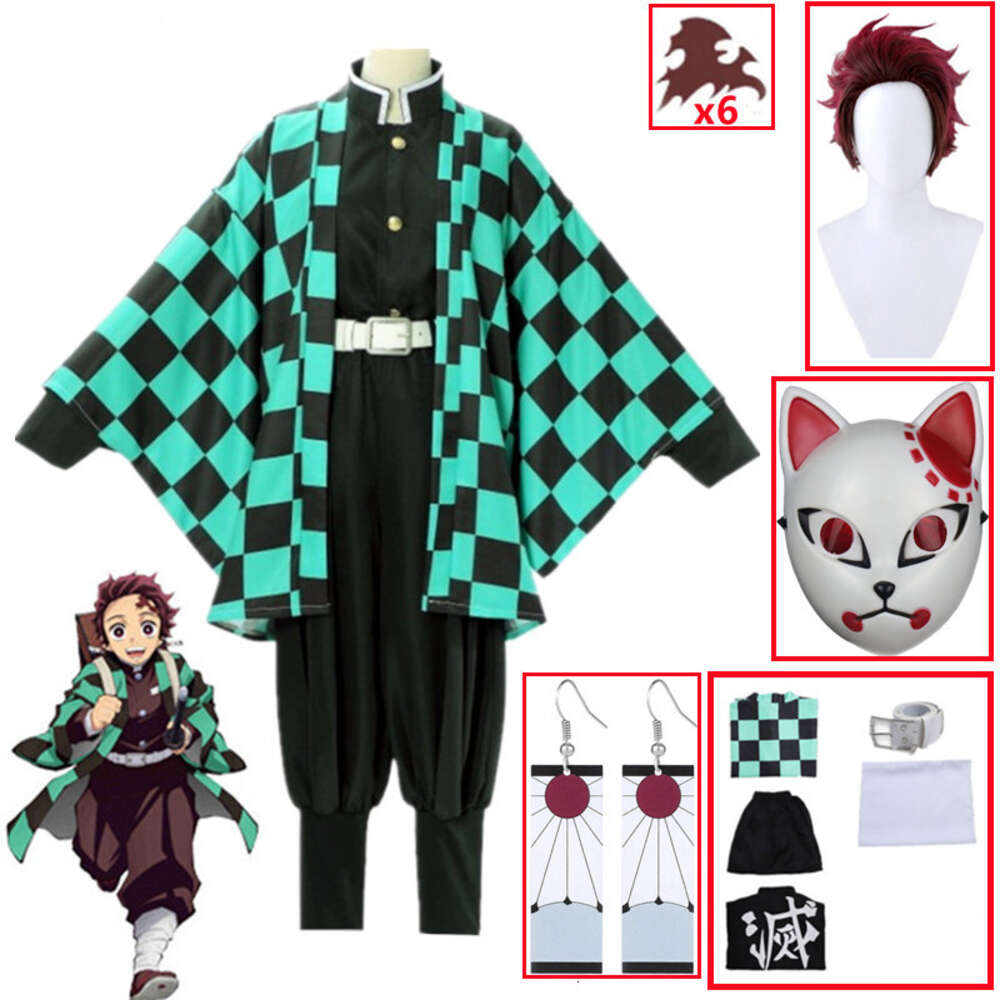Demon Slayers Kimetsu No Yaiba Tanjirou Kamado Cosplay Costume Kimono Cloak Halloween Party Anime Clothes Uniform Setcosplay