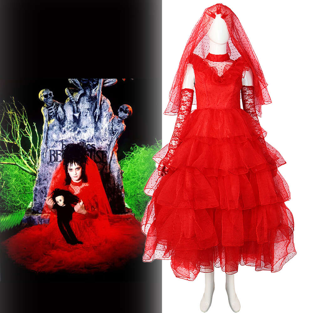 Movie Beetle Juice Lydia Cosplay Costume Adult Women Red Wedding Dress Horror Suit Halloween Party