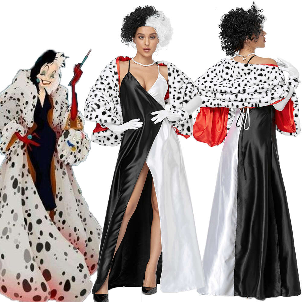 Cruella De Vil Cosplay Costume Adult Women Dalmatians Black White Dress Shawl Suit Uniform Wig Halloween Party