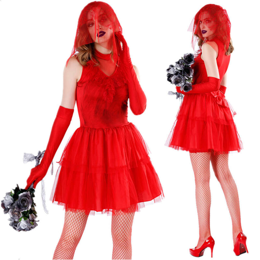 Costume da sposa fantasma rosso sexy horror per donne adulte, vestito da vampiro zombie cosplay di Halloween