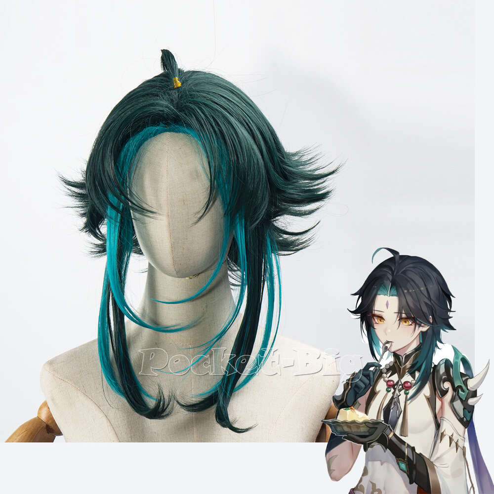 Cosplay cosplay genshin impacto xiao peruca misturada verde escuro azul curto resistente ao calor cabelo adulto halloween role play real shotcosplaycosplay