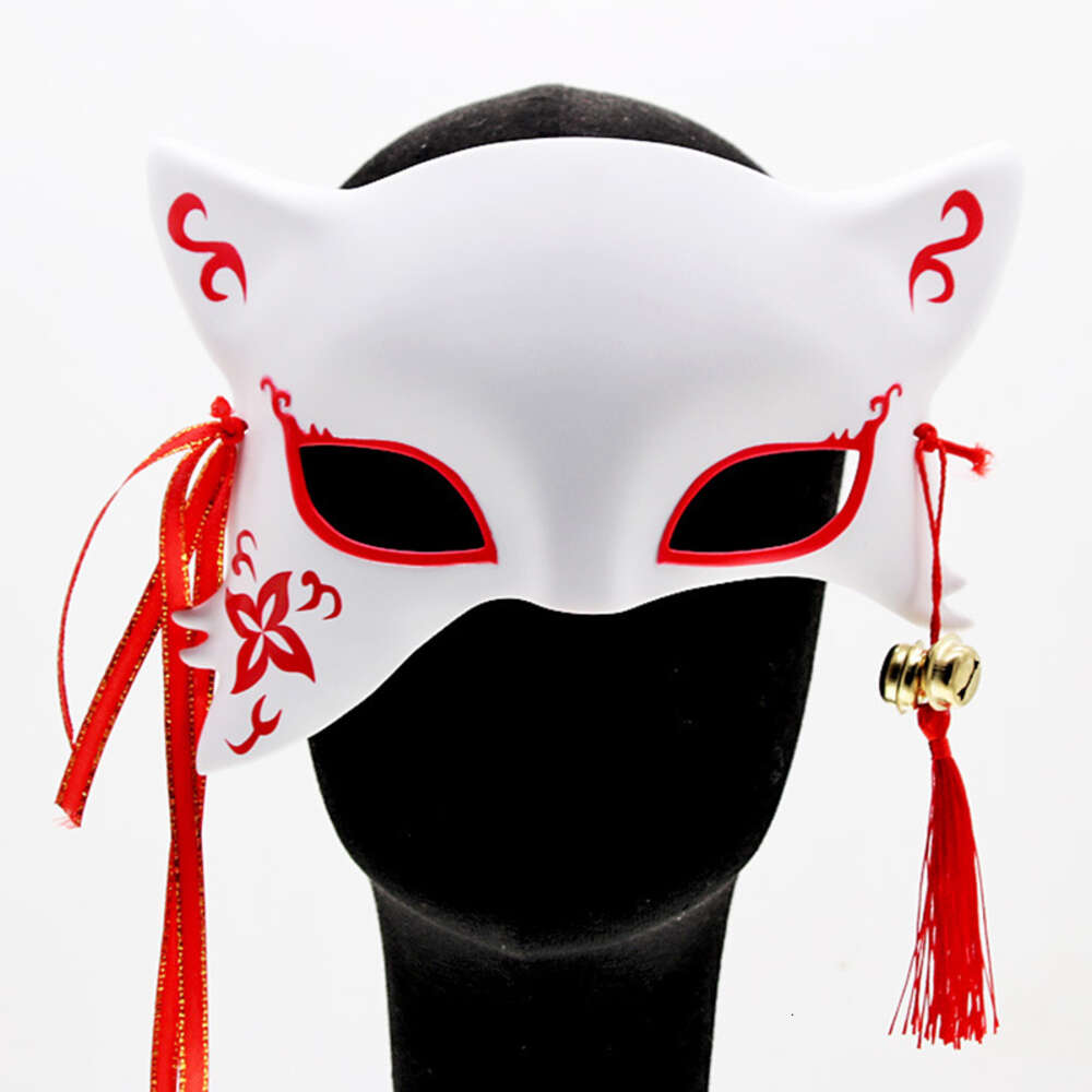 Cosplay Japanische Fuchsmasken mit Glockenquasten Anime Kabuki Kitsune Halloween Cosplay Party Requisiten Schwarz Weiß Half Face Cat Maskcosplay