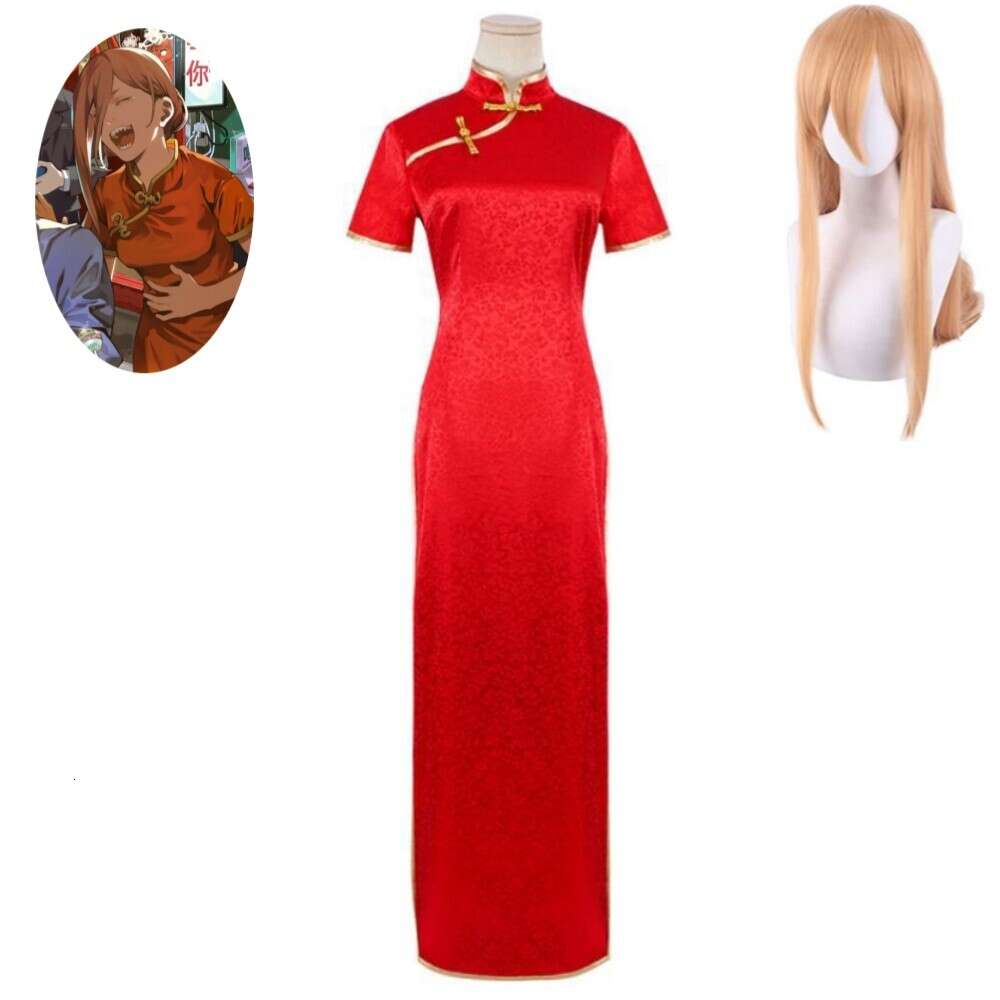 Cosplay anime testere adamı güç cosplay kostüm peruk kırmızı Çince cheongsam iblis şeytan seksi kadın elbise Hallowen karnaval parti takım elbise