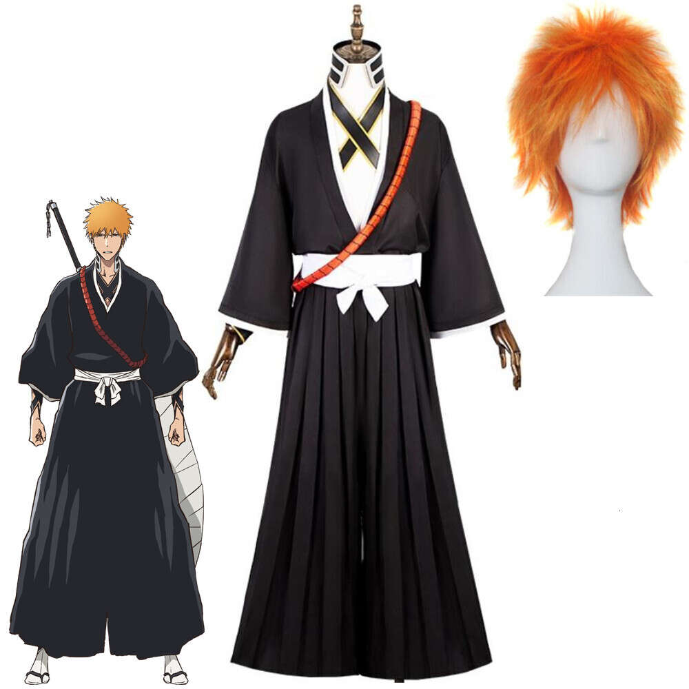 Cosplay Anime Bleach Kurosaki Ichigo Cosplay Costume Wig Shinigami Black Top Pants Outfit Halloween Carnival Party Kimono Suit