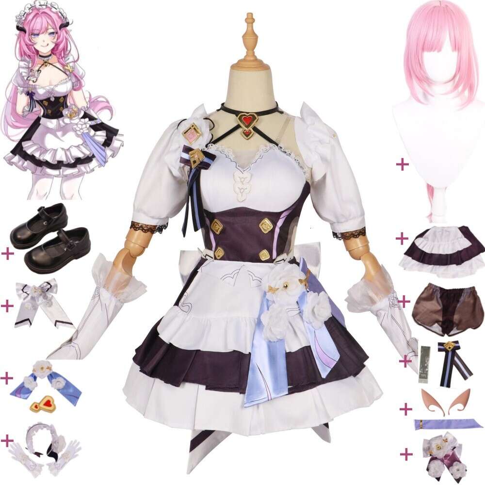 Cosplay jogo honkai star rail elysia cosplay traje peruca sapatos anime a mariposa que persegue chamas sexy mulher empregada uniforme dia das bruxas