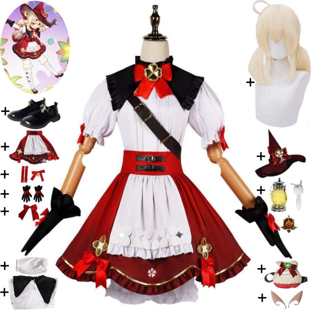 Cosplay anime oyunu jenshin etkisi klee spark şövalye cosplay kostüm peruk ayakkabıları şapka çiçek açan yıldız ışığı küçük cadı lolita hallowen takım elbise