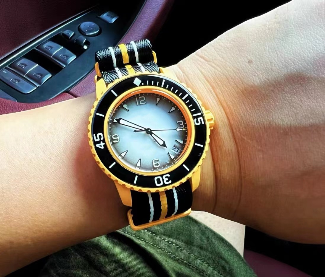 Herrsportmaskiner Ocean Watch Relogio Masculino Bioceramic Five Ocean Watch Full Function Nylon Belt Transparent Back Cover Waterproof World Time