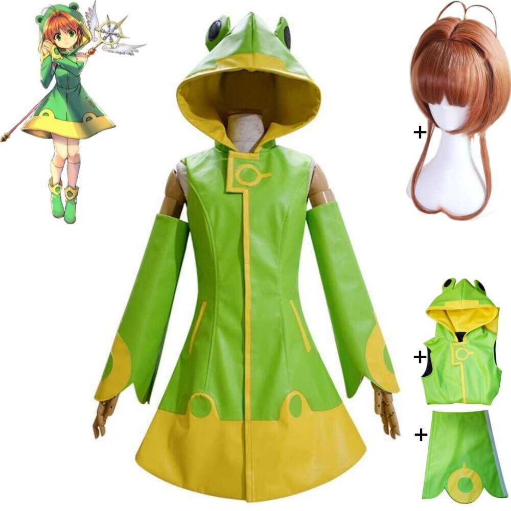 Cosplay Anime Kinomoto Sakura Magic Card Captor Cardcaptor CCS Cosplay Costume Wig Green Frog Rainwear Adult Child Hallowen Suit