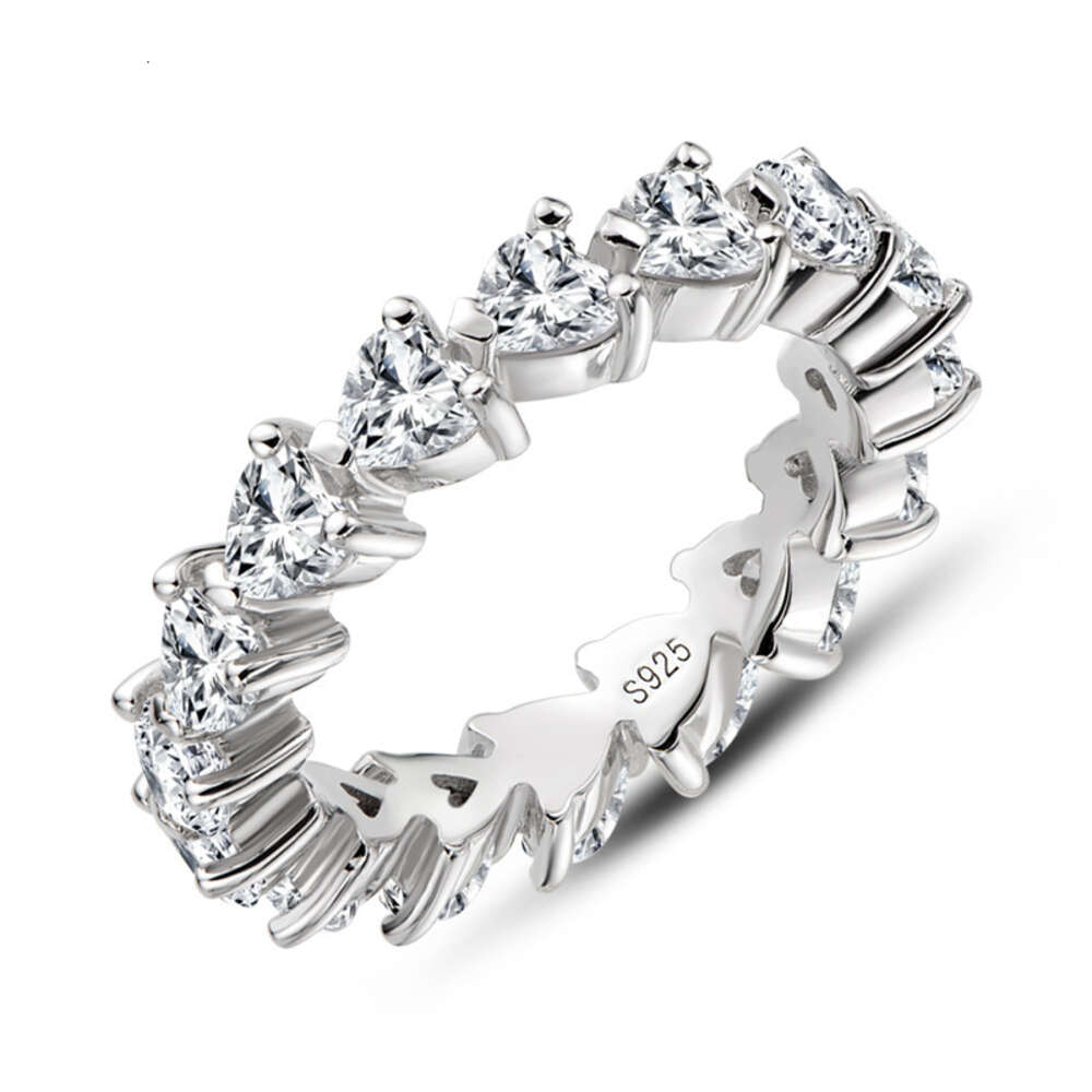 Moda deslocamento ins estilo 925 prata esterlina luz luxo completo diamante banda com forma de coração imitação zircão coração anel de diamante