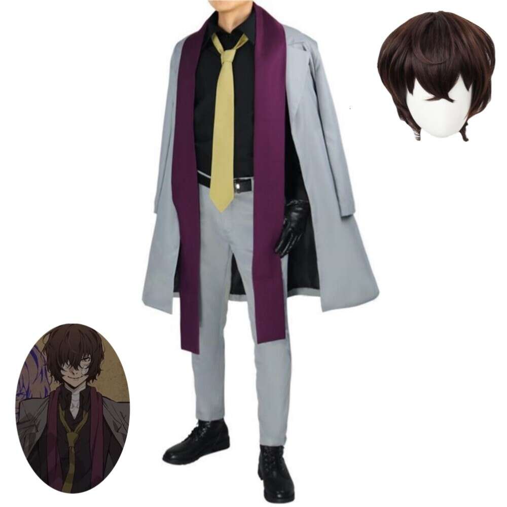 Cosplay anime Bungou Bungo Sokak Köpekleri Canavar Eğer Dazai Osamu Cosplay Kostüm Peruk Trenç Gömlek Pantolon Cadılar Bayramı Üniforma Takım Yetişkin Erkek Kadın