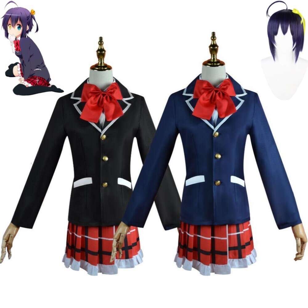 Cosplay Anime Love Chunibyo Andra villfarelser Takanashi Rikka Cosplay Costume Wig Black Blue School JK Uniform Halloween Rollspeldräkt