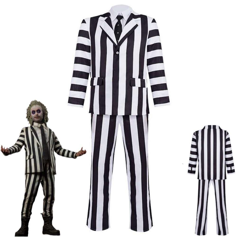 Cosplay Movie Beetle Juice Beetlejuice Cosplay Costume Black And White Stripes Uniform Horror Outfit Halloween Carnival Party Suit