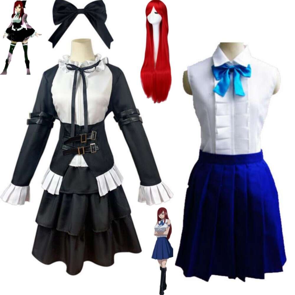 Cosplay anime peri kuyruğu erza Scarlet cosplay kostüm peruk goblin kraliçe hizmetçi üniforma siyah lolita elbise cadılaren karnaval parti takım elbise