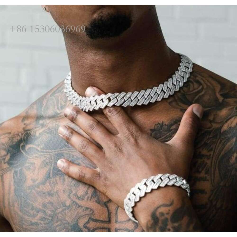 Rapper Chains Prong Iced Out Sterling Sier Hip Hop Baguette Necklace Vvs Diamond Cuban Link Chain Moissanite