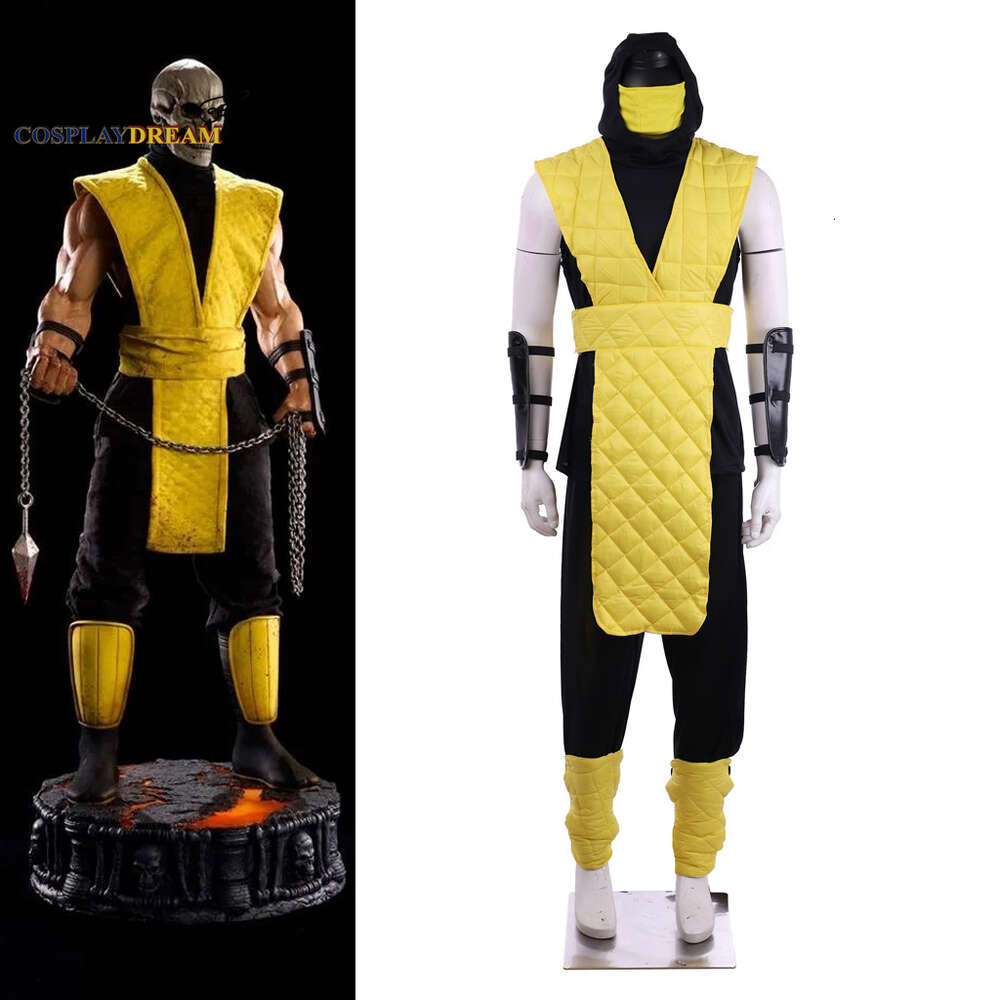 Game Mortal Kombat Scorpion Costumes Cosplay Yellow Battle Combat Outfit Full Suit Halloween CarnivalCosplayCosplay