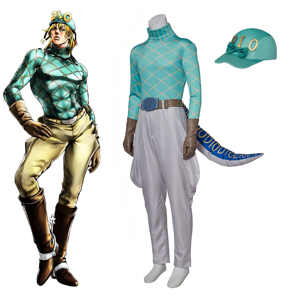 Jojo's Bizarre Adventure Dio Diego Brando Fantasia de cosplay com chapéu e cauda de dinossauro Anime Halloween Carnaval Role Play OutfitCosplayCosplay