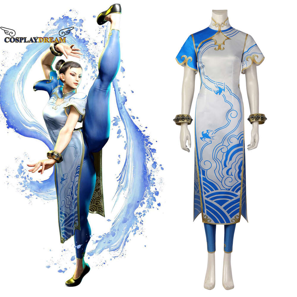 코스프레 코스프레 게임 최신 Chun Li Cosplay 의상 전투기 화이트 Cheongam Blue Pants Chunli Suit with Headdress Earrings 게임 Chunli ClothingCosplay