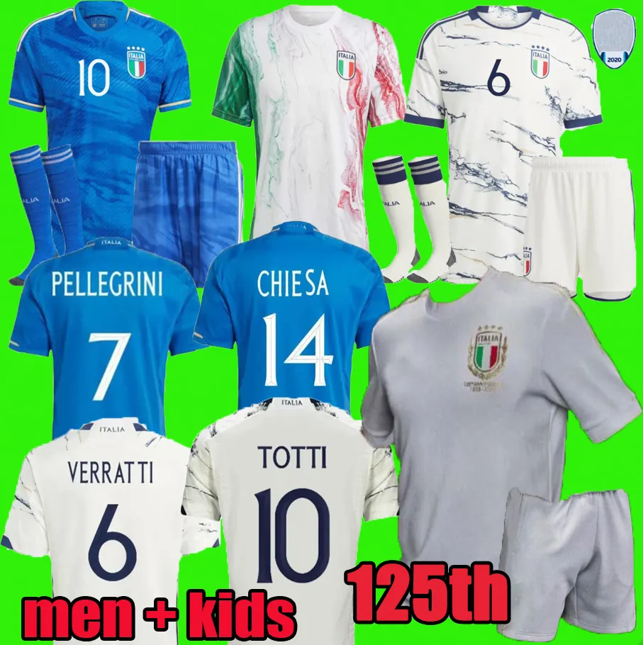 2023 Itália 125º Aniversário Camisas de Futebol Versão do Jogador Maglie Da Calcio TOTTI VERRATTI CHIESA Italia 23 24 Camisas de Futebol Homens Conjunto Kit Infantil Uniforme