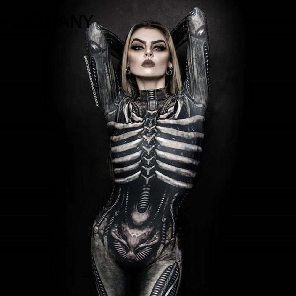 Women Clothing Long Sleeve 3D Printed Halloween Carnival Horror Human Skeleton Costumes Tight Jumpsuit Zentai BodysuitAnime Costumes