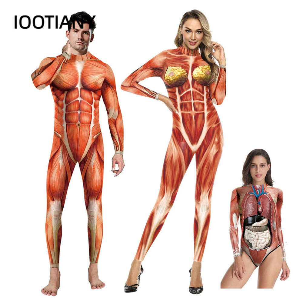 Cadılar Bayramı Partisi Kas Baskılı Tulum Elastik İnsan Anatomisi Vücut Kostümü Catsuit Ekonomisi 2023Anime Kostümleri