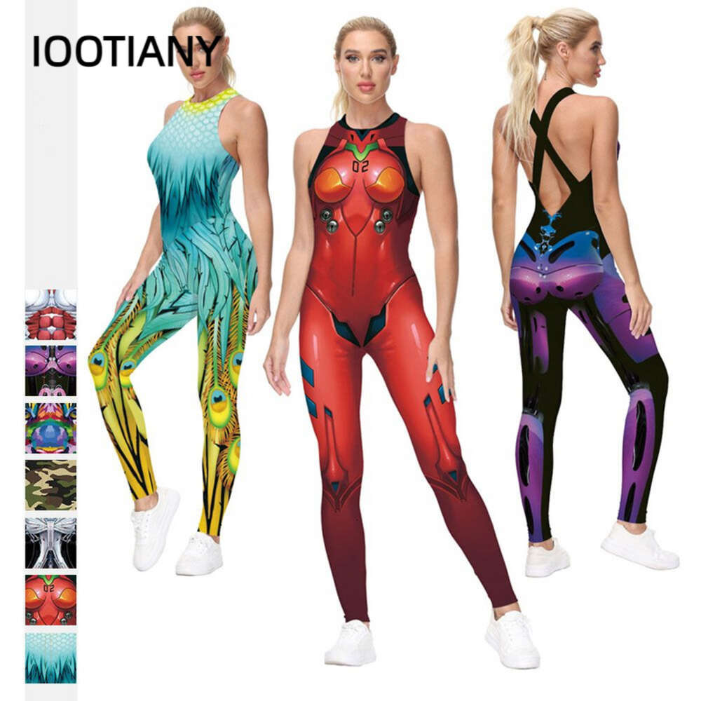 Frauen Anime Kostüm Ärmellose Sexy Overalls Zentai Backless Fiess Bodysuit Sommer Casual Strampler 3D Druck Anzug S-XLAnime Kostüme