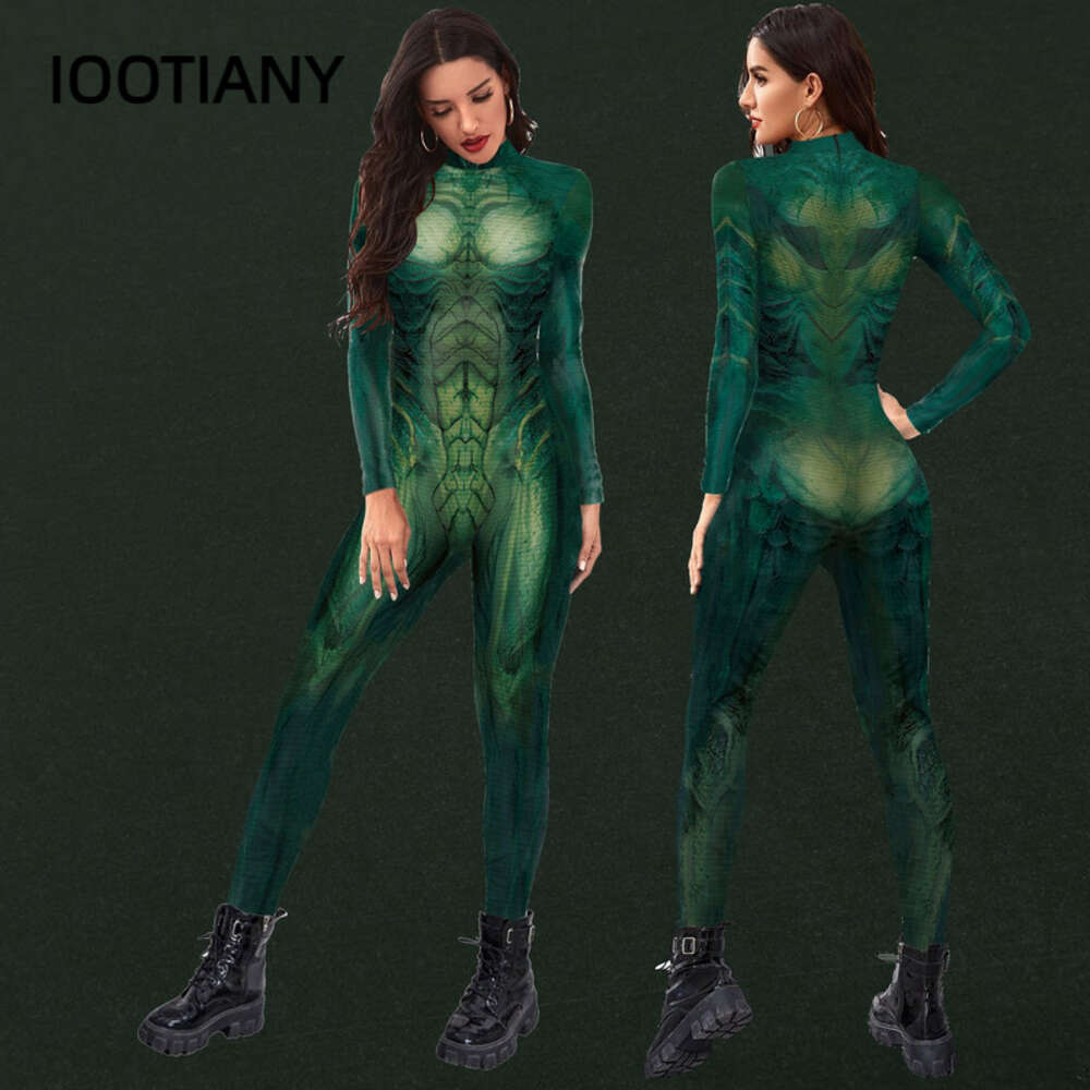 Green Alien Printing Holiday Party Seamless Bodysuit Women's Fashion Sexy Stretch Casual Wear Costume JumpsuitAnime Costumes