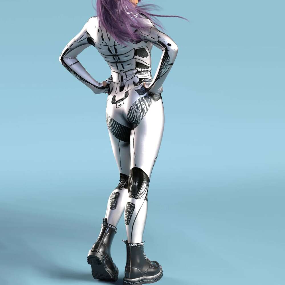 Women's Turtleneck Simulation 3D Printing Robot Zip Full Body Bodysuit Halloween Costume Romper Long SleeveAnime Costumes