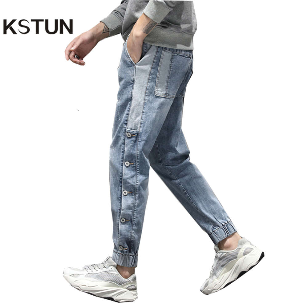 Harem büyük boy joggers pantolon streç açık mavi yan perçinler gevşek uyumlu kot pantolon erkek sokak kıyafeti patchwork moda