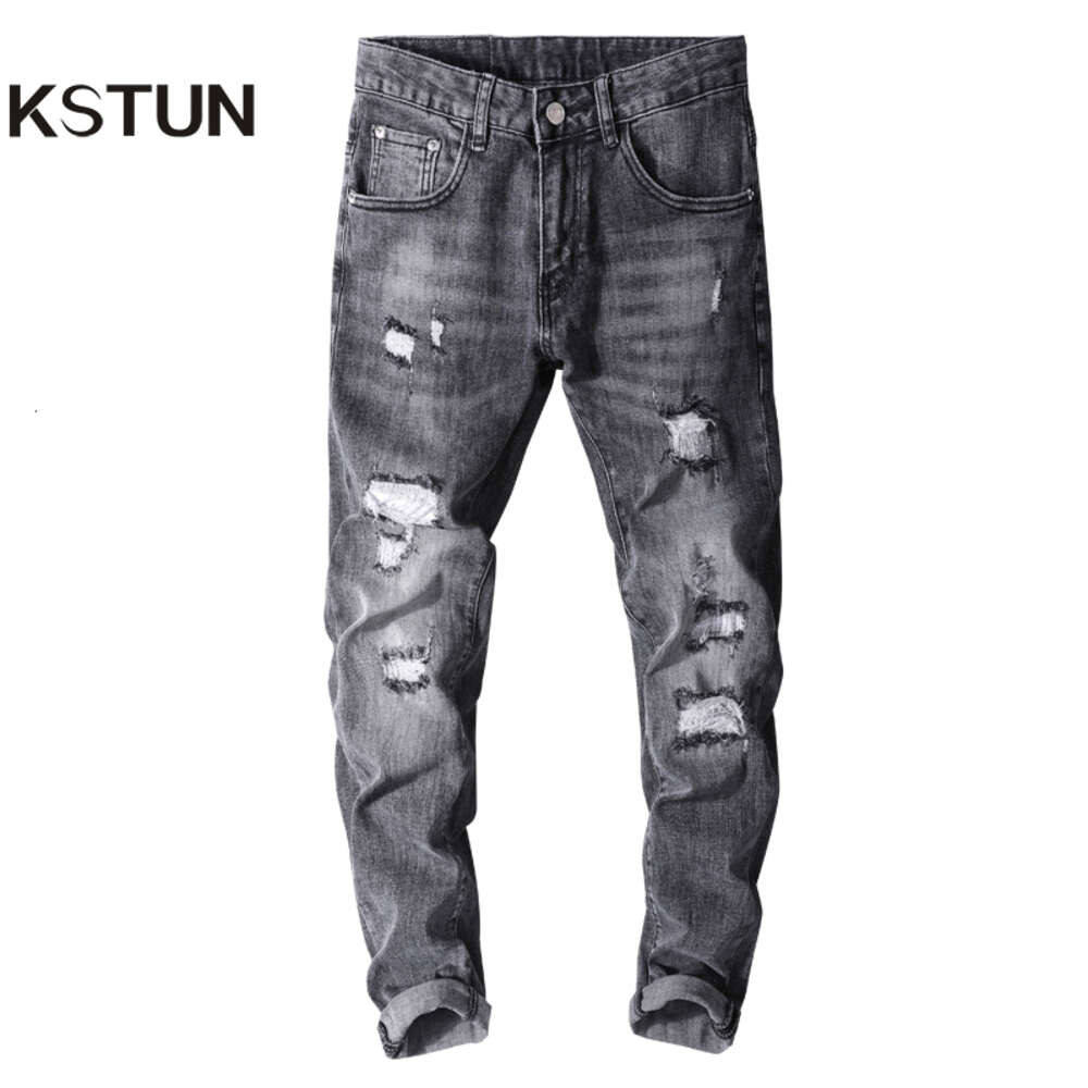 Yırtık erkekler sıska ince fit gri streç sokak kıyafeti hip hip sıkıntılı erkek denim pantolon yamalı yıpranmış punk kot pantolon