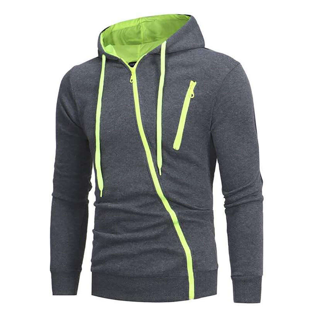 Fleece Diagonal Zipper Hoodies Men S Sports Sweater Casual Hooded Long Sleeved Cardigan Jackets Solid Colour Loose Zip Up Coats