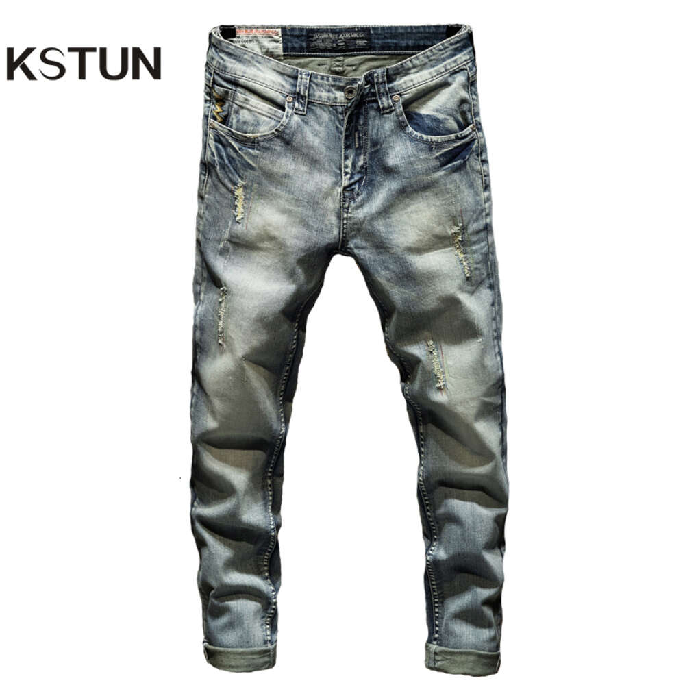 Hip Hop for Men Slim Fit Stretch Ripped Pants Distressed Motocycle Jeans Autumn Punk Style Streetwear Denim Trousers