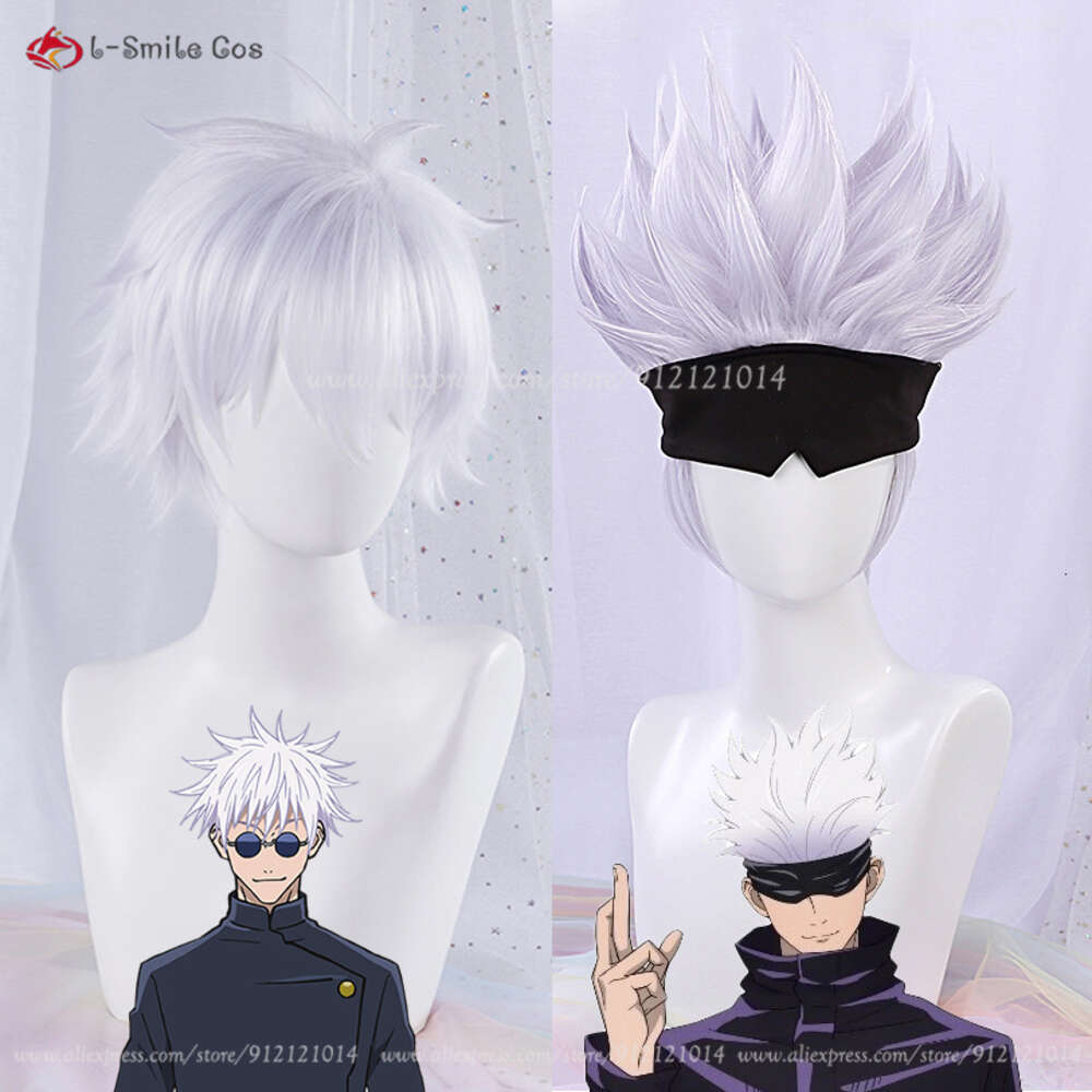 Trajes de catsuit anime jujutsu kaisen gojo satoru cosplay sier peruca roxa com óculos eyepatch resistente ao calor perucas de festa de cabelo