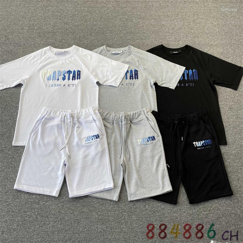 Men's T Shirts Women's Trapstar White Blue Towel Embroidery Short Sleeve Shorts Set Spring Summer Fashion Streetwear T-shirtmotion Current a7