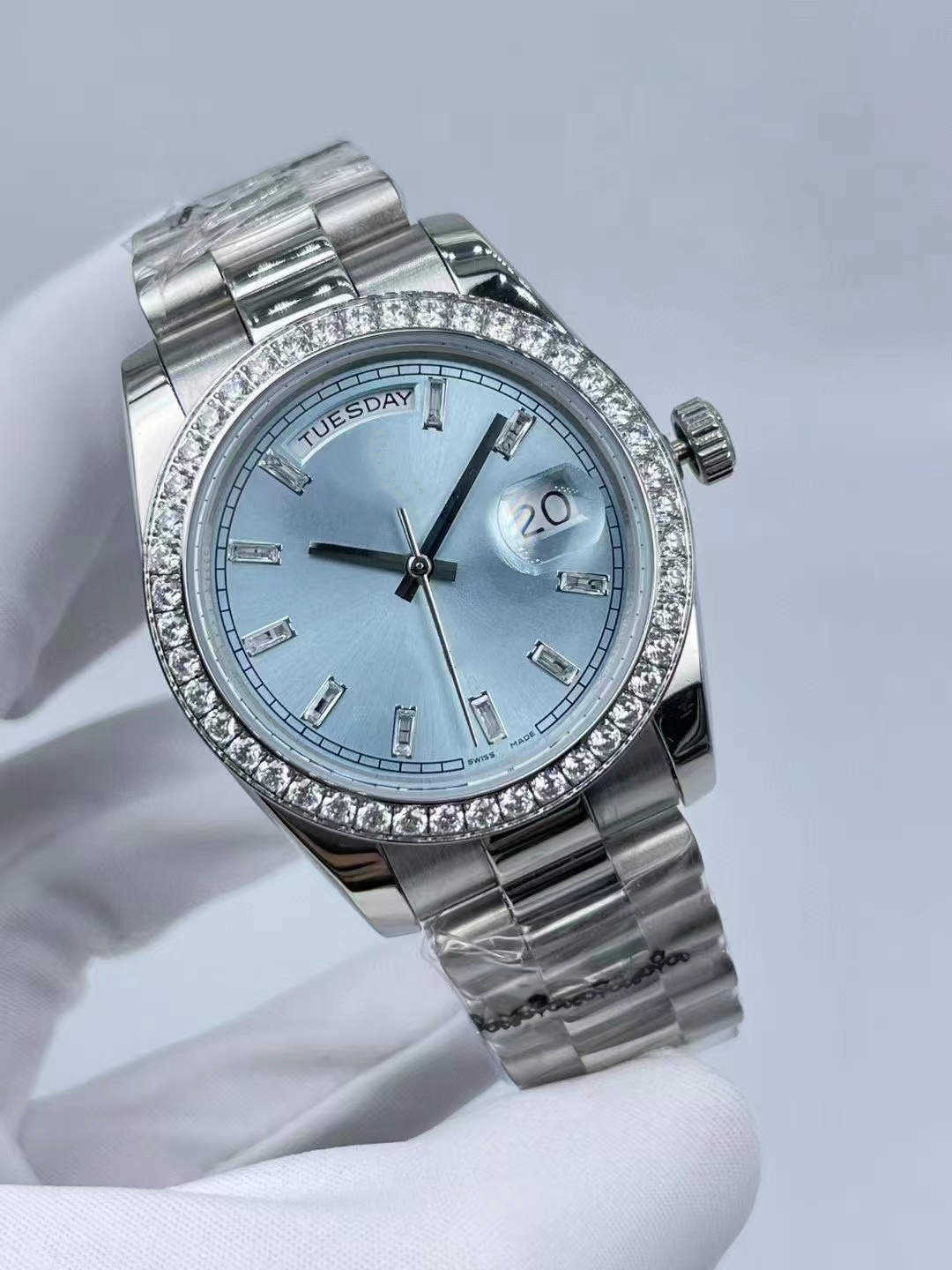 여성 시계 자동 이동 라이트 블루 MM 다이아몬드 시계 Montre De Luxe Orologio 기계식 Reloj 패션 시계