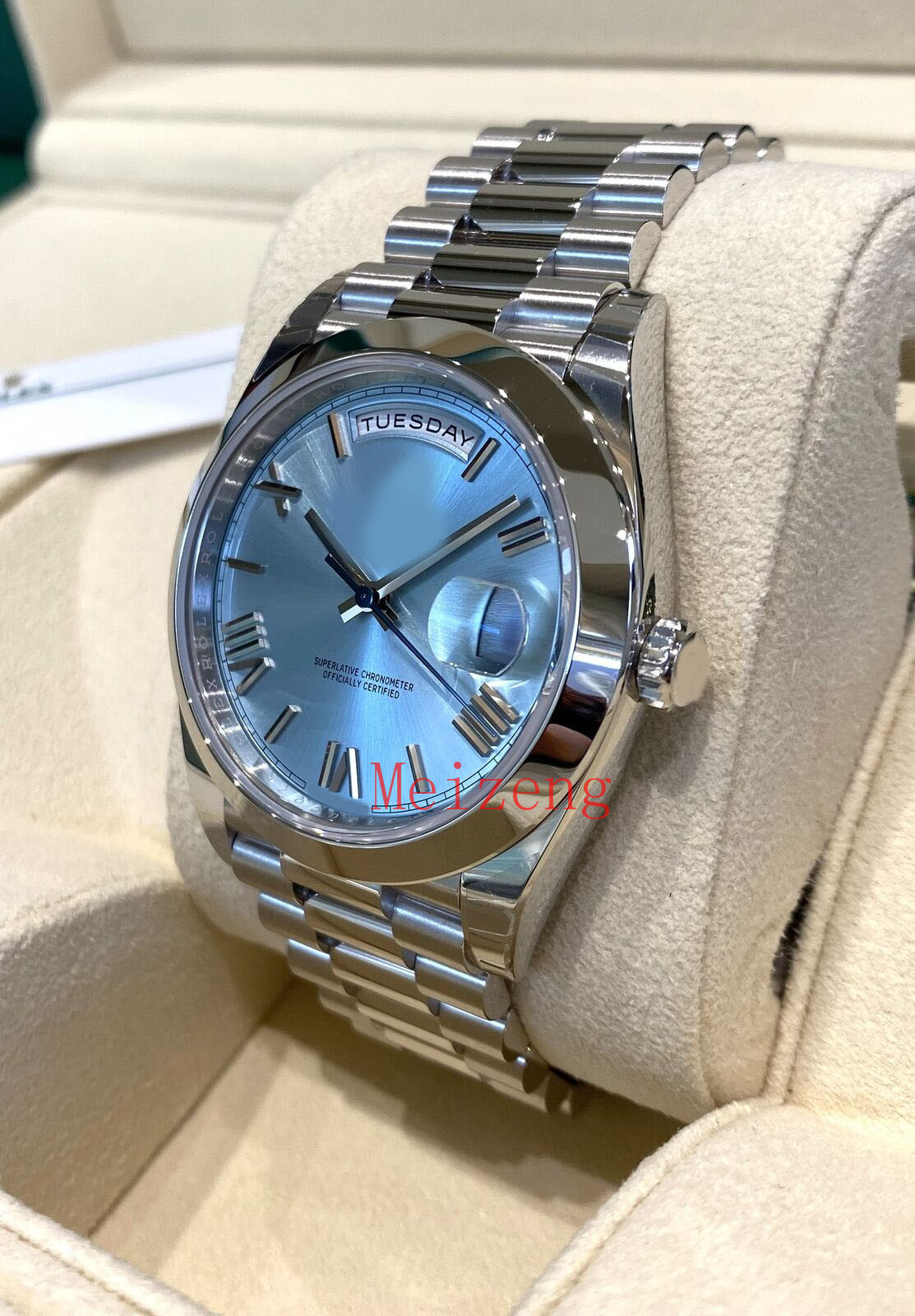 손목 시계 플래티넘 아이스 블루 데이 데이트 시계 MM 남자의 자동 시계