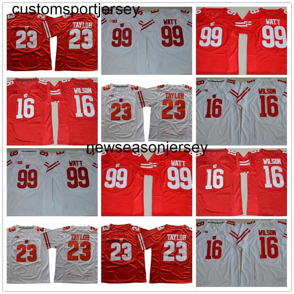 Maglia da football NCAA Wisconsin Badgers College 16 Russell Wilson 99 J.J. Maglie da uomo bianche rosse cucite Jonathan Taylor Watt 23