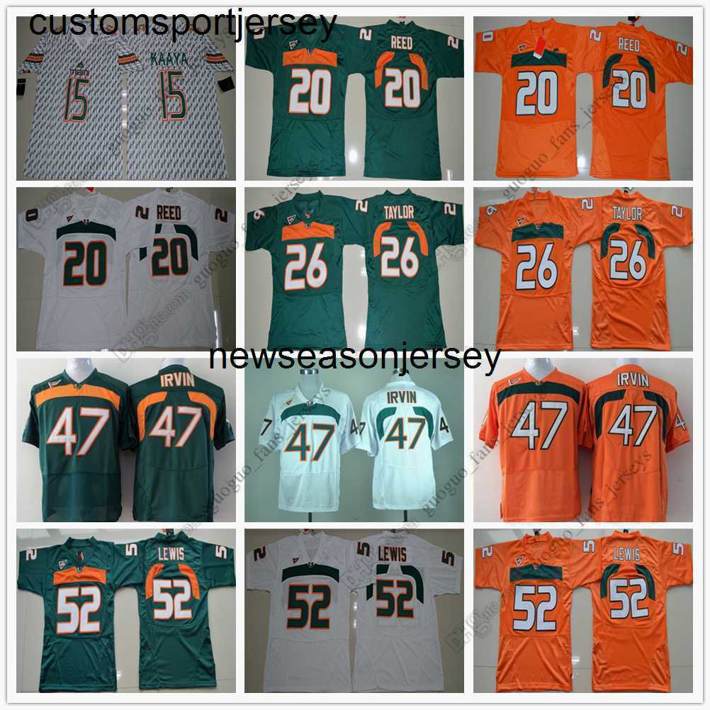 Maglia da calcio NCAA Hurricanes 15 Brad Kaaya 20 Ed Reed 26 Sean Taylor 47 Michael Irvin 52 Ray Lewis S-XXL