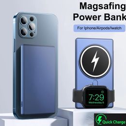 5000mAh Bancos de energia magnética para iPhone 13 12 Pro Max Apple Watch AirPods Pro Indução sem fio Carregamento rápido Bateria externa